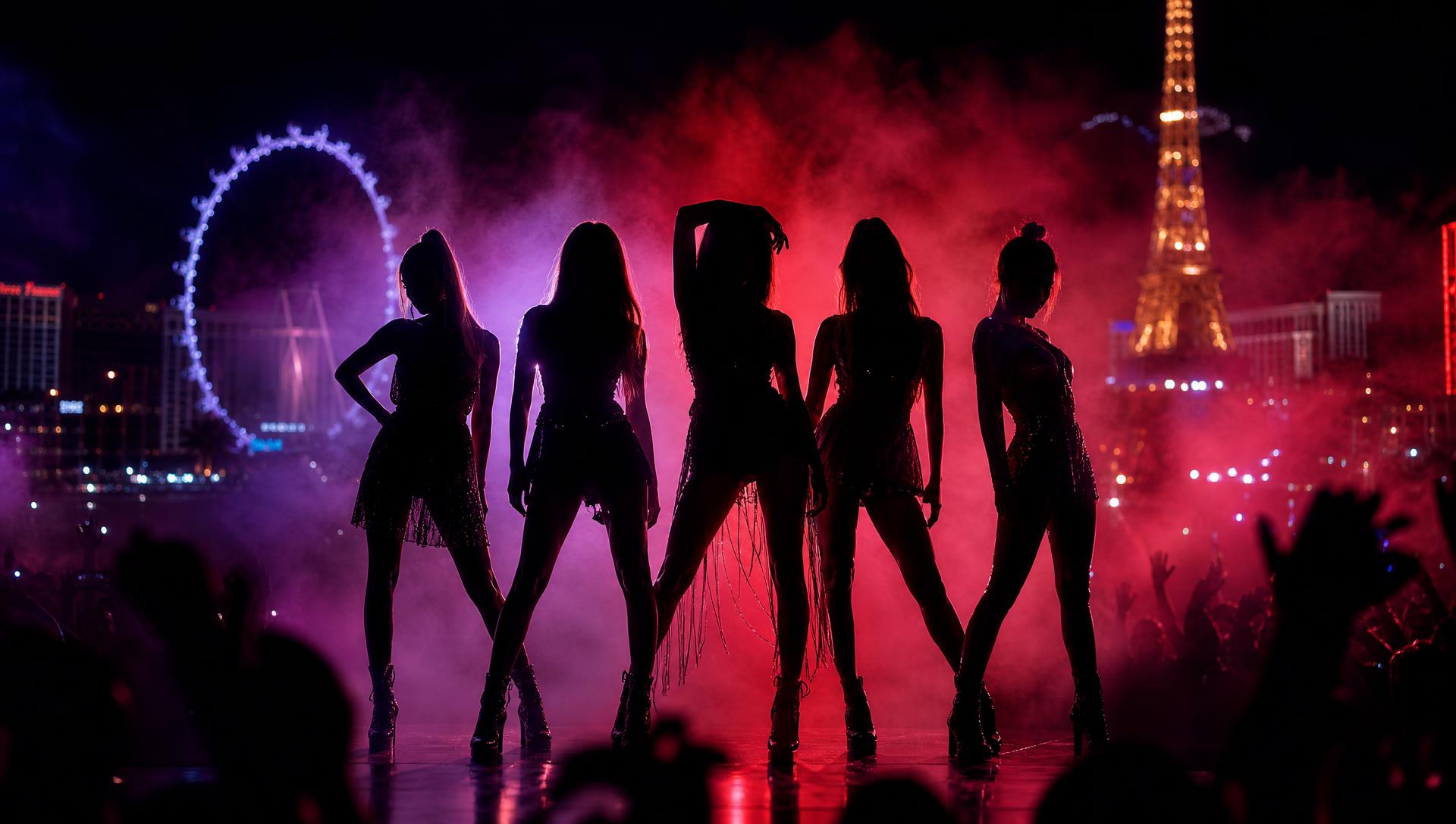 Five girls silhouetted on a Bangkok stage in violet and magenta light